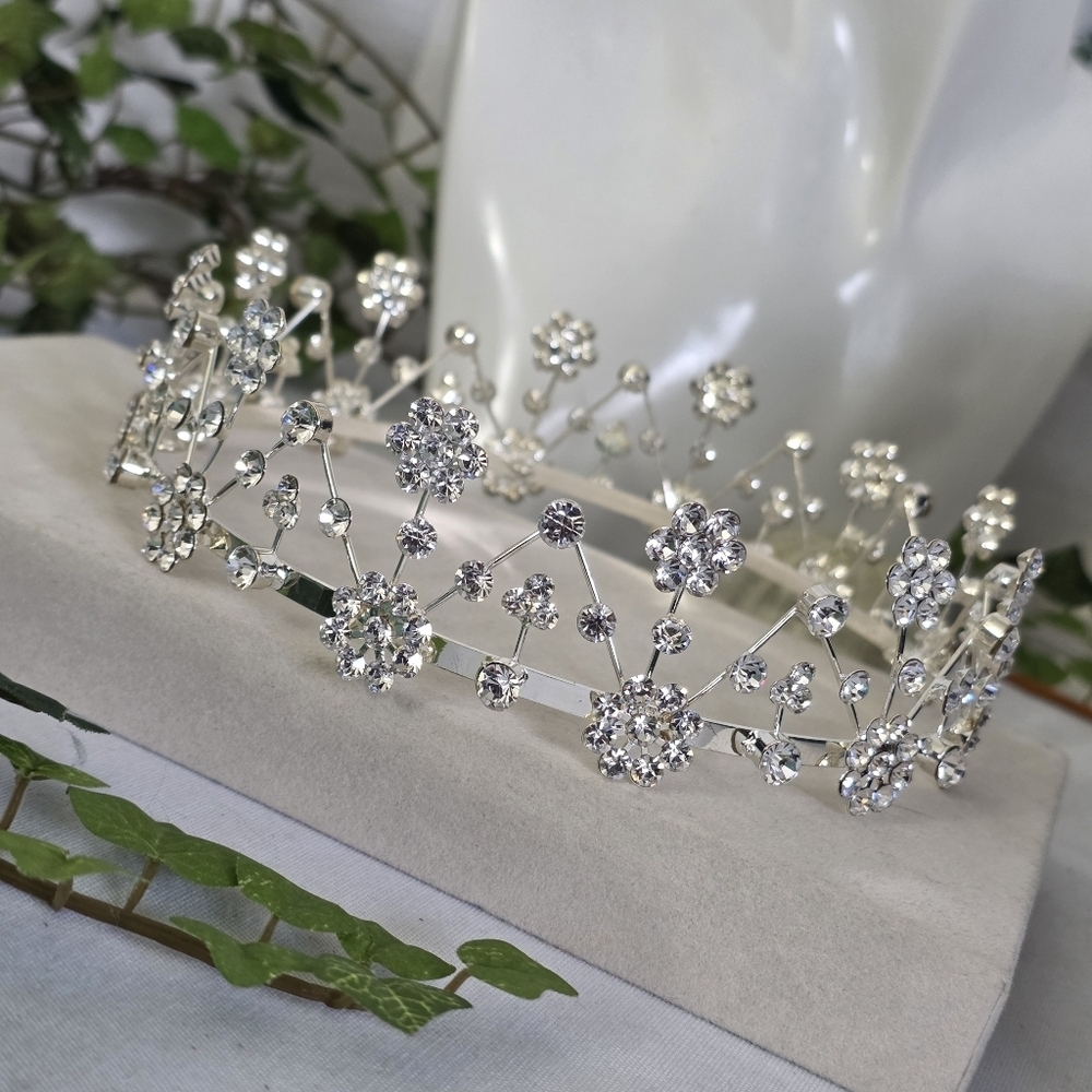 Silver with Rhimestone Flower Design Crown